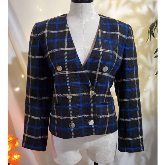 Jones New York Vintage 100% Wool Plaid Schoolboy Blazer Jacket Women's Size 8P - Picture 1 of 10
